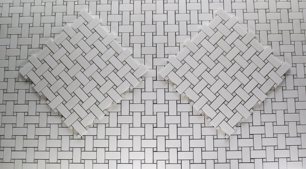 Pearl Weave - Basketweave Mosaic Tile in White Thassos Marble and Mother Of Pearl | TileBuys