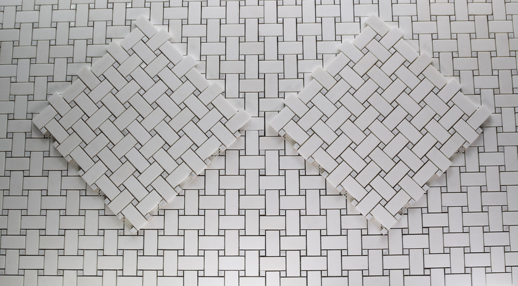 Pearl Weave - Basketweave Mosaic Tile in White Thassos Marble and Mother Of Pearl | TileBuys