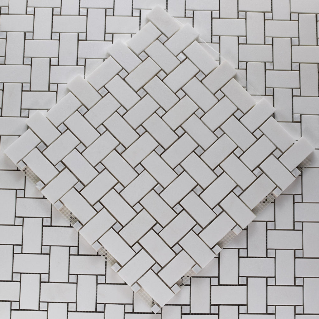 Pearl Weave - Basketweave Mosaic Tile in White Thassos Marble and Mother Of Pearl | TileBuys