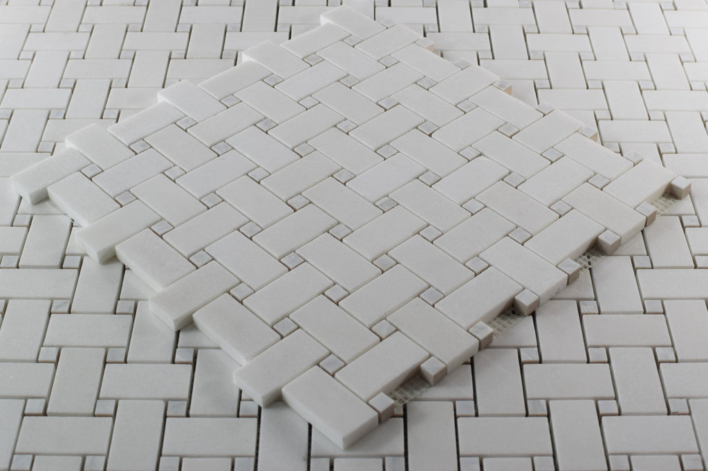 Pearl Weave - Basketweave Mosaic Tile in White Thassos Marble and Mother Of Pearl | TileBuys