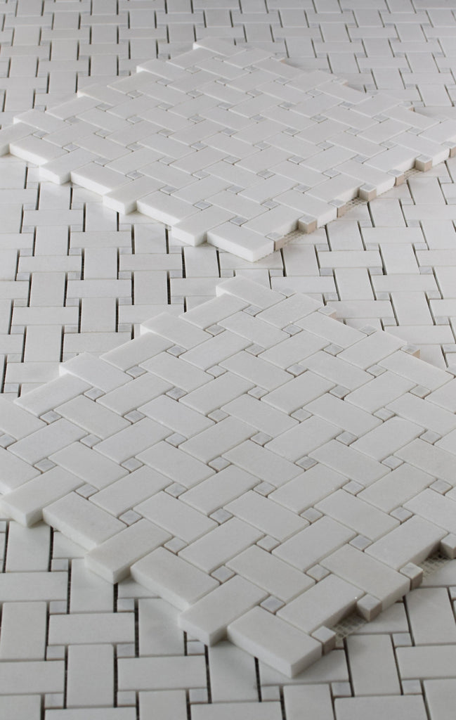 Pearl Weave - Basketweave Mosaic Tile in White Thassos Marble and Mother Of Pearl | TileBuys