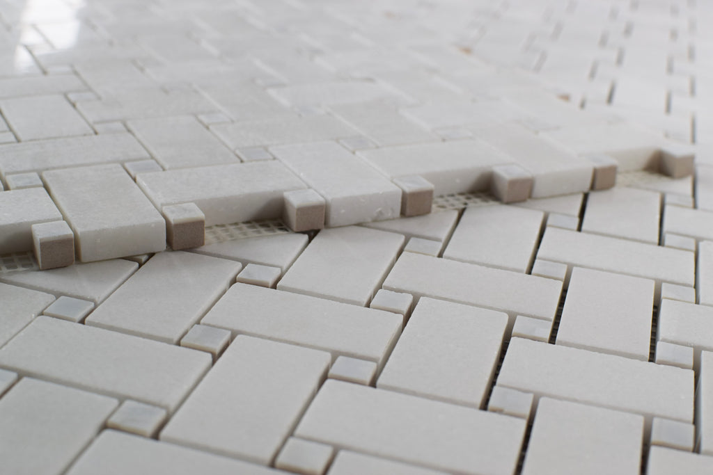 Pearl Weave - Basketweave Mosaic Tile in White Thassos Marble and Mother Of Pearl | TileBuys