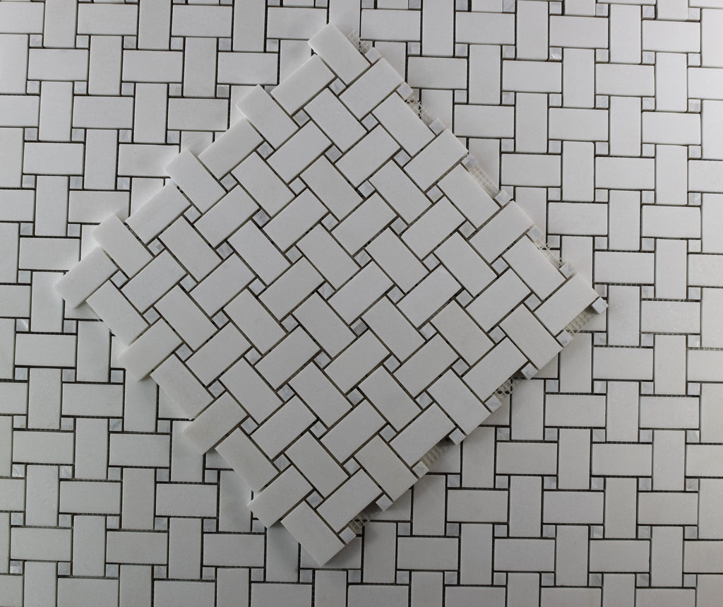 Pearl Weave - Basketweave Mosaic Tile in White Thassos Marble and Mother Of Pearl | TileBuys