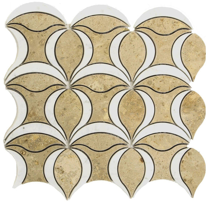 4.4 Sq Ft of Turkish Marfil and Carrara White Marble Waterjet Mosaic Tile in Tulip Blooms | TileBuys
