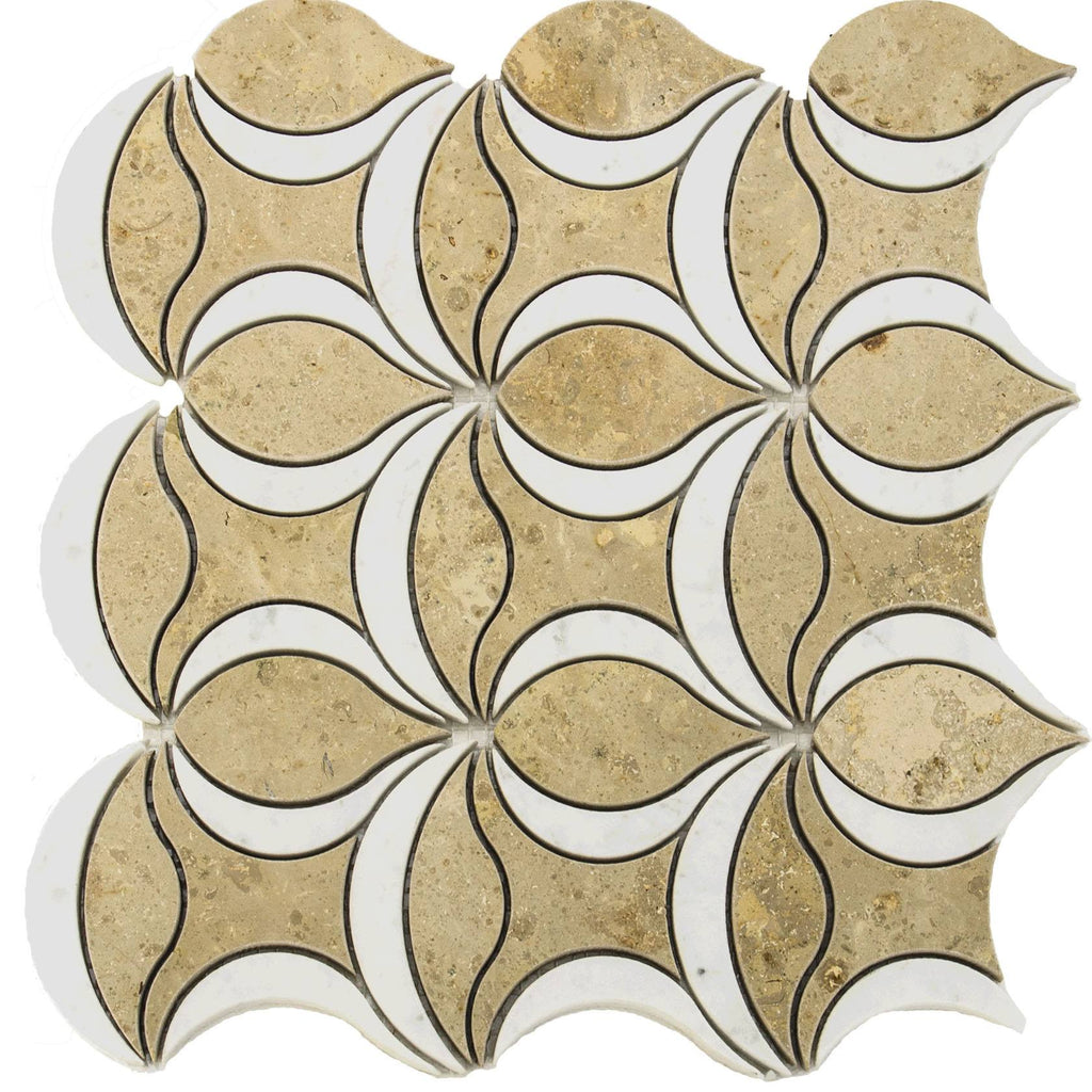 4.4 Sq Ft of Turkish Marfil and Carrara White Marble Waterjet Mosaic Tile in Tulip Blooms | TileBuys