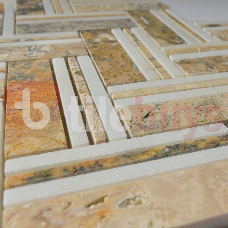 4.6 Sq Ft of Turkish Marfil &amp; White Marble Mosaic Tile - Mixed Herringbone | TileBuys
