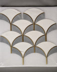White and Gray Marble Scallop Tile Backsplash with Gold Accents | TileBuys