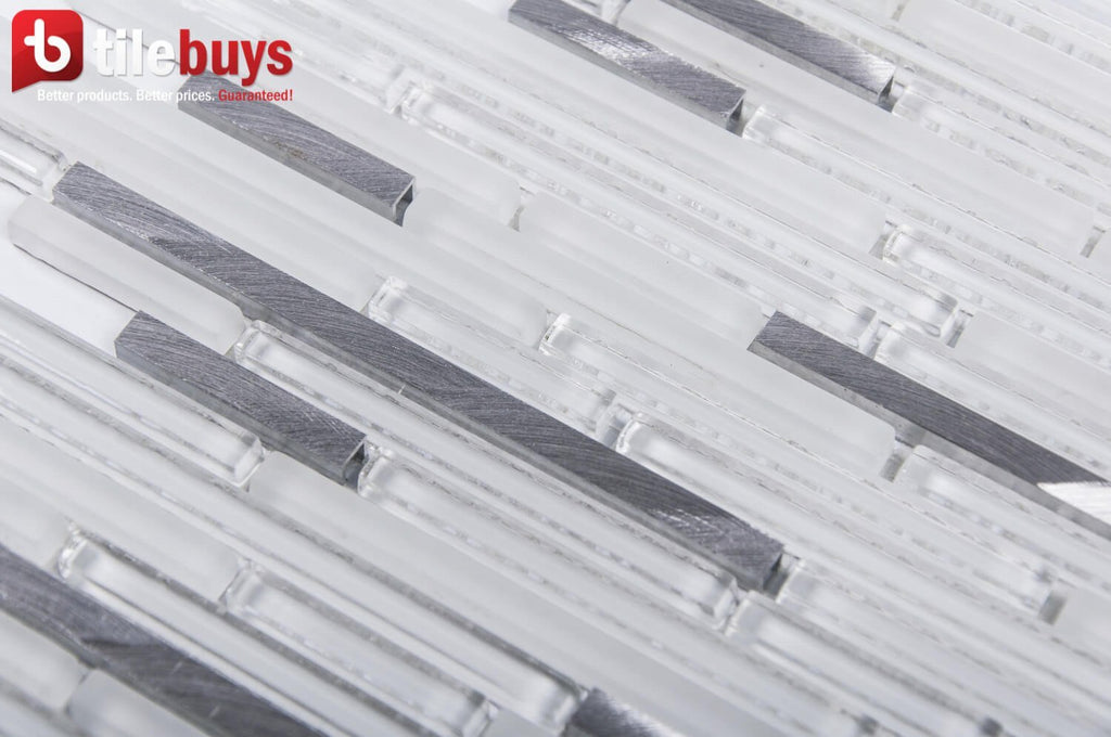 White & Ice Blue Glass Thin Linear Strip Mosaic Wall Tile | TileBuys