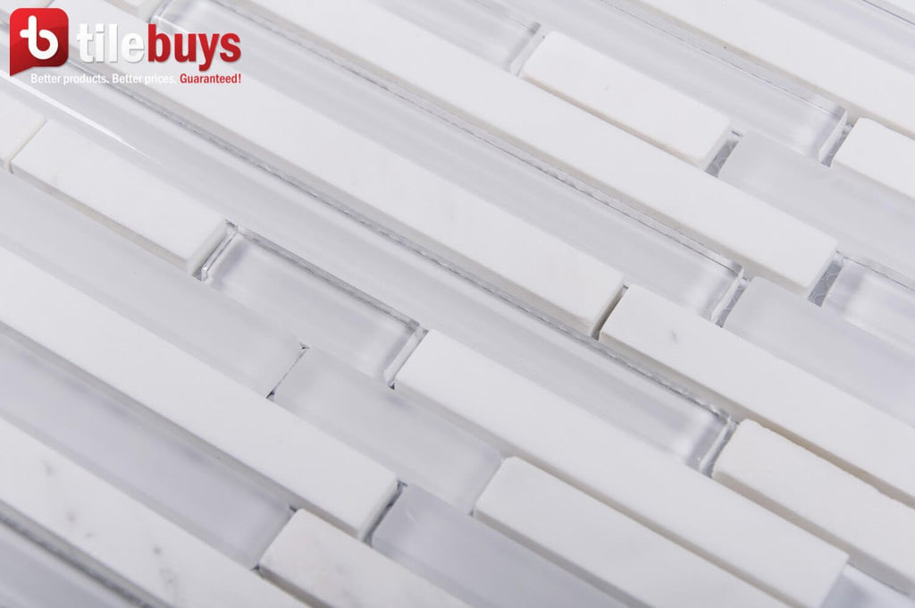 White Marble & Glass Linear Strip Mosaic Tile | TileBuys