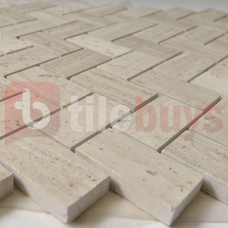 5 Sq Ft of White Oak Marble Mosaic Tile - 1x2" Mini Herringbone Pattern - Polished | TileBuys