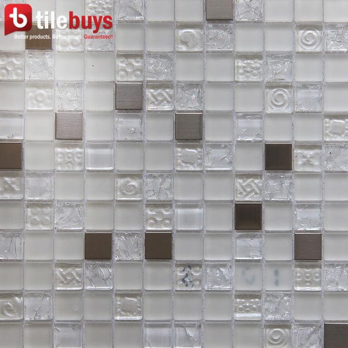 5 Sq Ft of White Stone, Clear Textured Glass & Bronze Metal 1x1" Square Mosaic Wall Tile | TileBuys