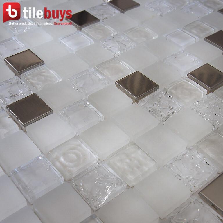 5 Sq Ft of White Stone, Clear Textured Glass & Bronze Metal 1x1" Square Mosaic Wall Tile | TileBuys