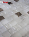 5 Sq Ft of White Stone, Clear Textured Glass & Bronze Metal 1x1" Square Mosaic Wall Tile | TileBuys
