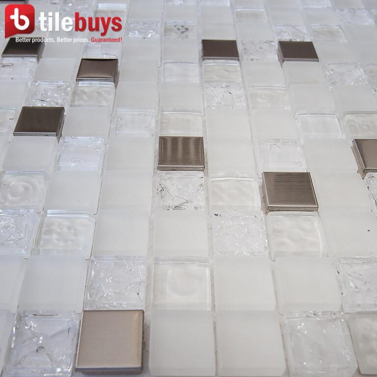 5 Sq Ft of White Stone, Clear Textured Glass &amp; Bronze Metal 1x1" Square Mosaic Wall Tile | TileBuys