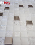 5 Sq Ft of White Stone, Clear Textured Glass & Bronze Metal 1x1" Square Mosaic Wall Tile | TileBuys