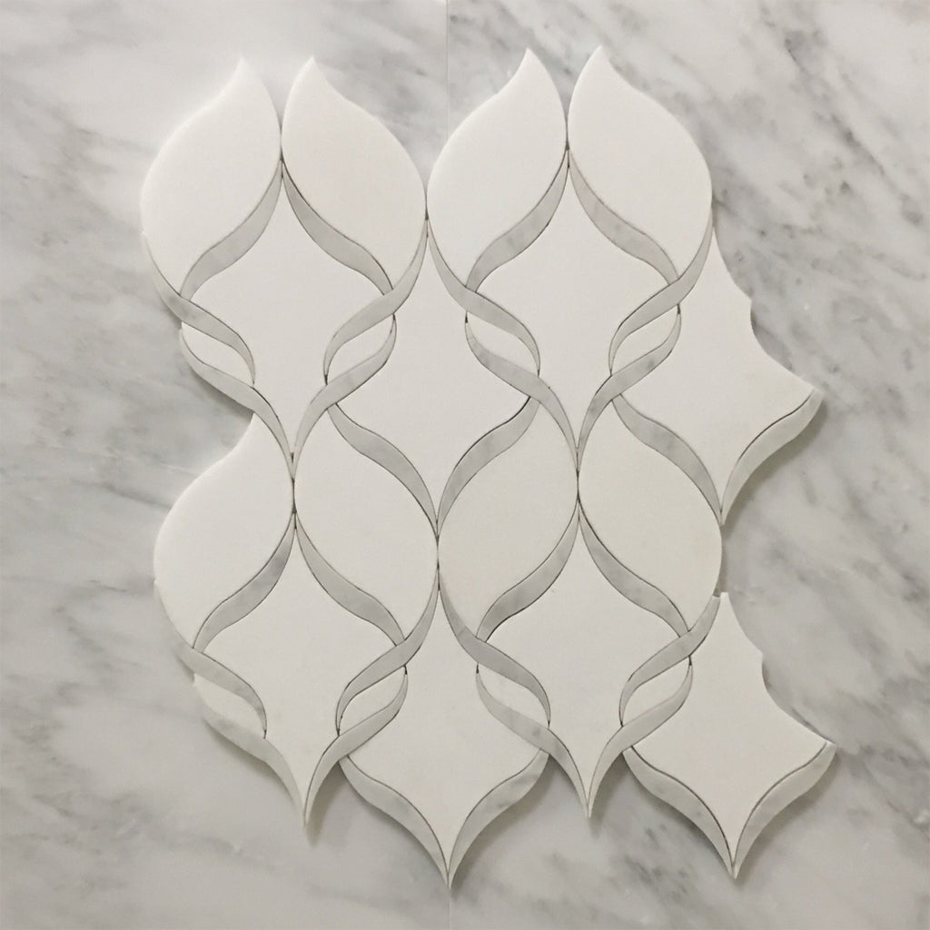 White Thassos and Bianco Carrara Marble Waterjet Mosaic Tile in Ballet Ribbon | TileBuys