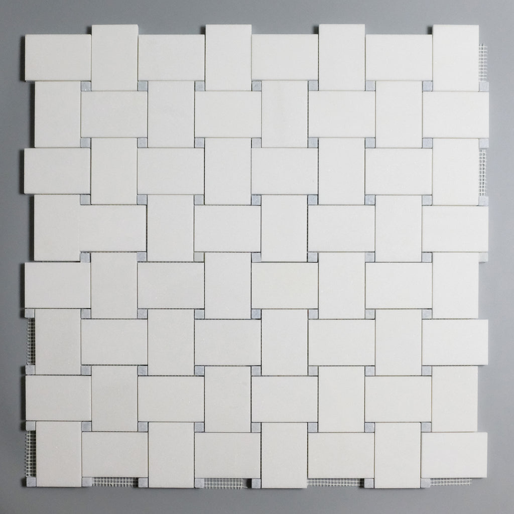White Thassos and Blue Celeste Marble Mosaic Tile in Bold Basketweave | TileBuys