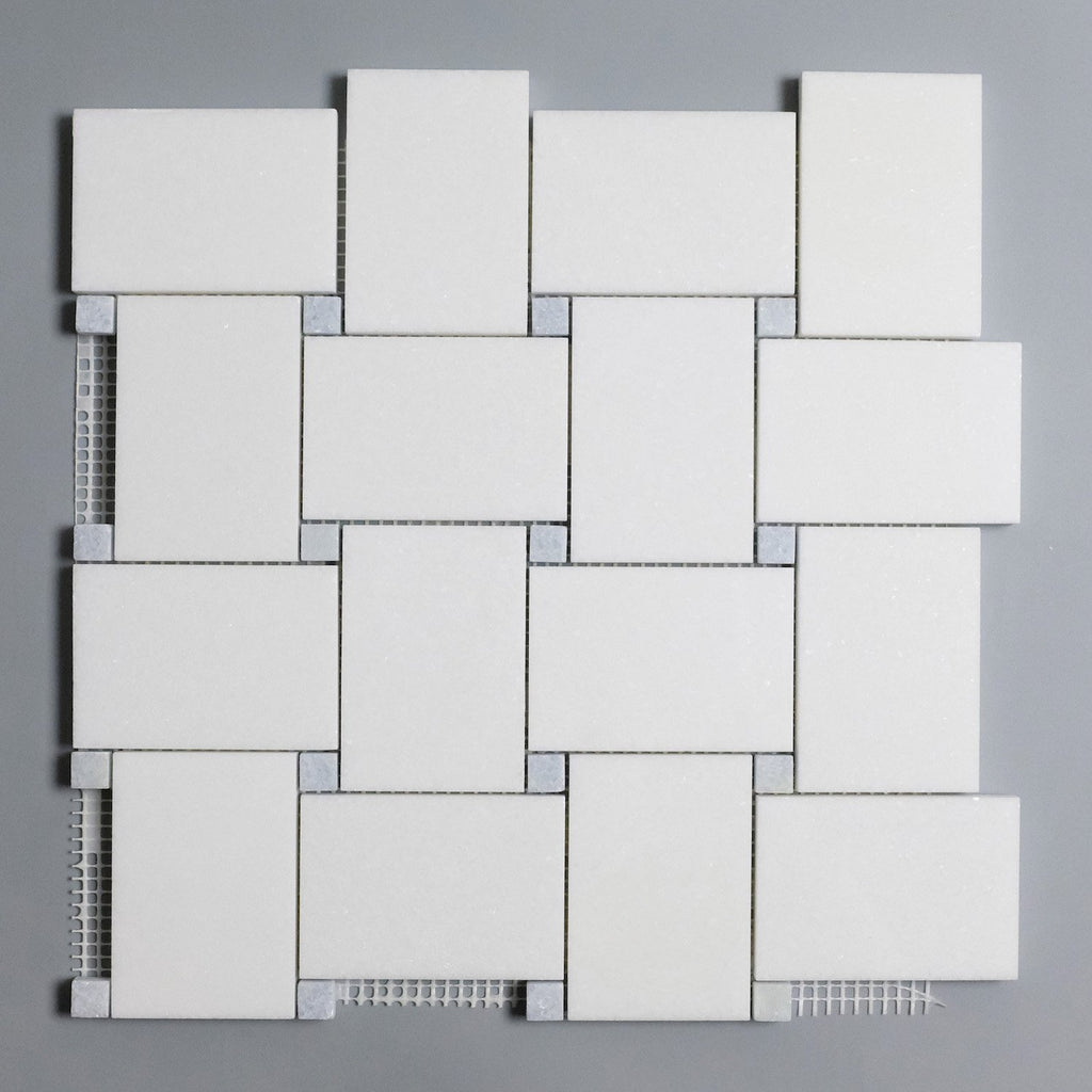 White Thassos and Blue Celeste Marble Mosaic Tile in Bold Basketweave | TileBuys