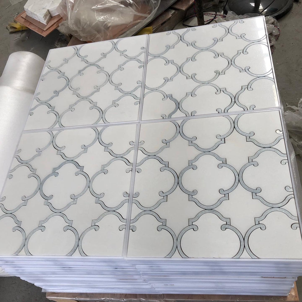 White Thassos and Blue Celeste Marble Waterjet Mosaic Tile in Moroccan Marrakesh | TileBuys