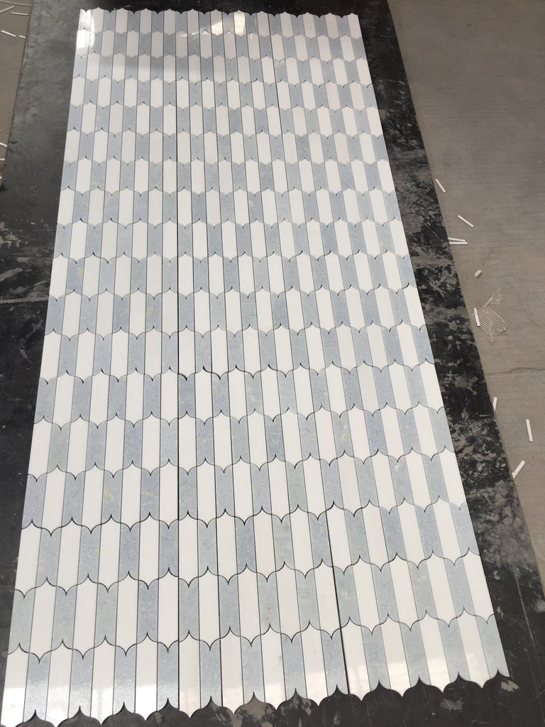 White Thassos and Blue Celeste Marble Waterjet Mosaic Tile in Prima Brackets | TileBuys