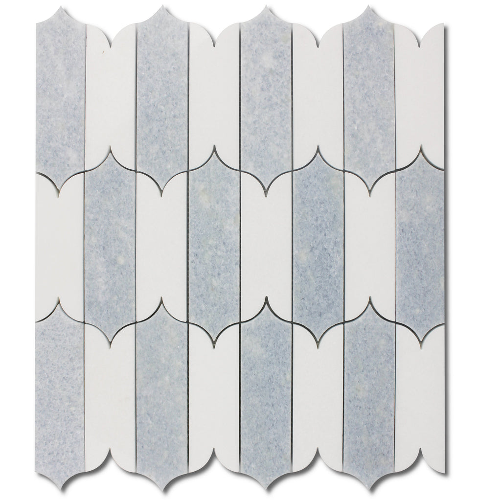 White Thassos and Blue Celeste Marble Waterjet Mosaic Tile in Prima Brackets | TileBuys