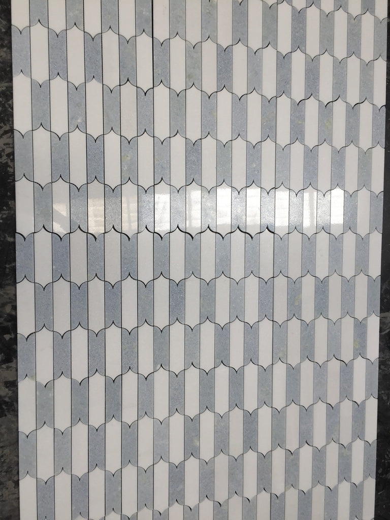 White Thassos and Blue Celeste Marble Waterjet Mosaic Tile in Prima Brackets | TileBuys