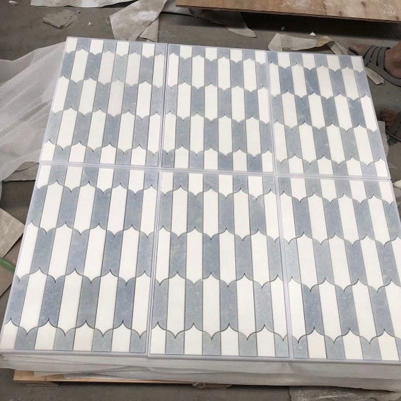 White Thassos and Blue Celeste Marble Waterjet Mosaic Tile in Prima Brackets | TileBuys