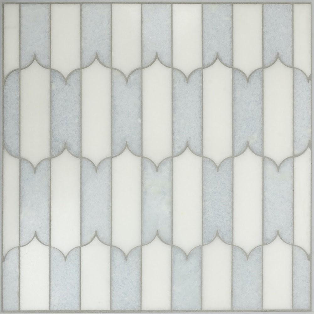 White Thassos and Blue Celeste Marble Waterjet Mosaic Tile in Prima  Brackets