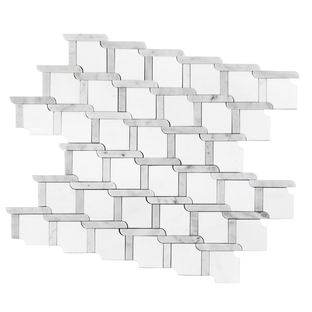 White Thassos and Carrara Bianco Marble Waterjet Mosaic Tile in Princess Weave | TileBuys