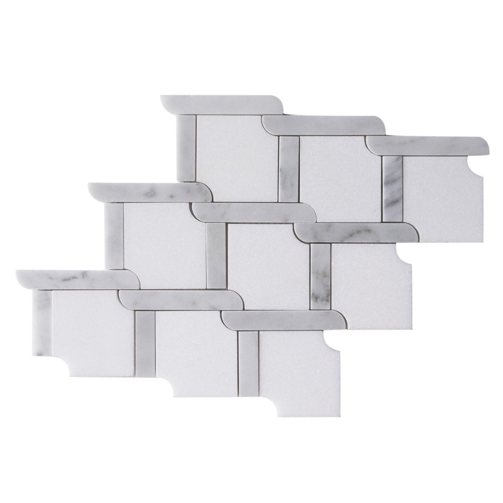 White Thassos and Carrara Bianco Marble Waterjet Mosaic Tile in Princess Weave | TileBuys