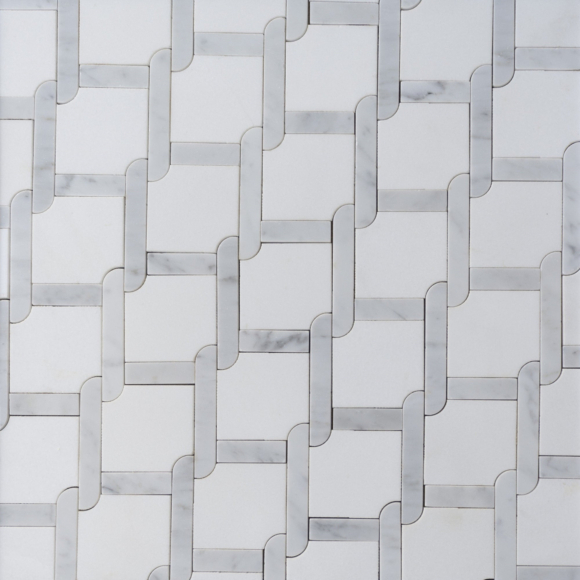 White Thassos and Carrara Bianco Marble Waterjet Mosaic Tile in Princess Weave | TileBuys