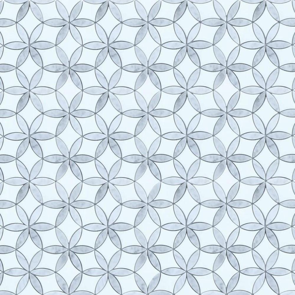 White Thassos and Carrara White Marble Waterjet Mosaic Tile in Floral Rings | TileBuys