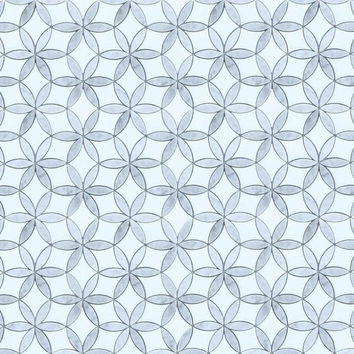 White Thassos and Carrara White Marble Waterjet Mosaic Tile in Floral Rings | TileBuys