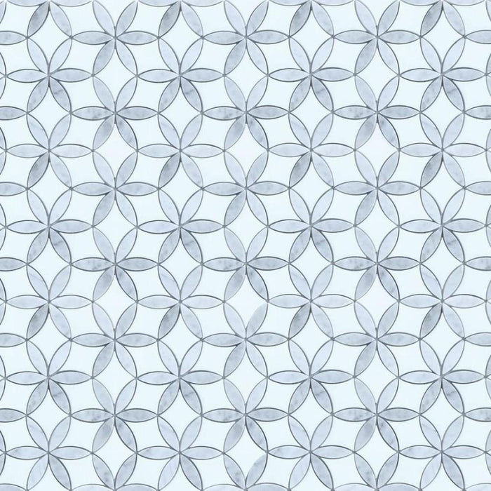 White Thassos and Carrara White Marble Waterjet Mosaic Tile in Floral Rings | TileBuys