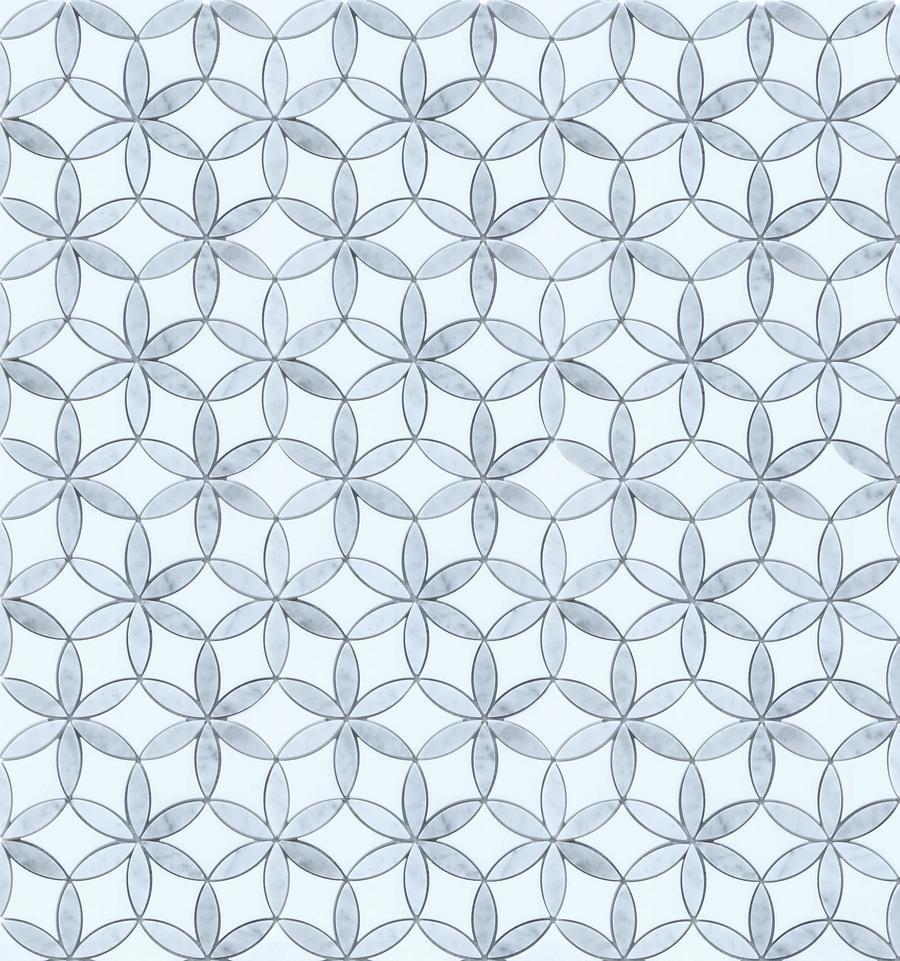 White Thassos and Carrara White Marble Waterjet Mosaic Tile in Floral Rings | TileBuys