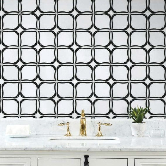 White Thassos and Nero Black Marble Waterjet Mosaic Tile - Flower Petal Pattern Tile in Fleur Noir | TileBuys