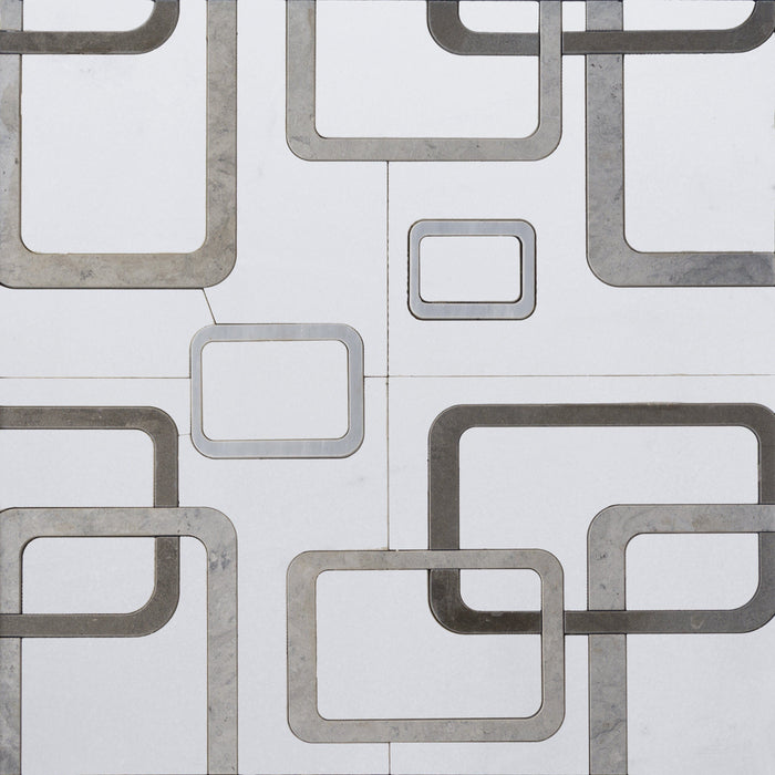 White Thassos and Tunisian Grey Marble Waterjet Mosaic Tile in Interlocking Rectangles | TileBuys
