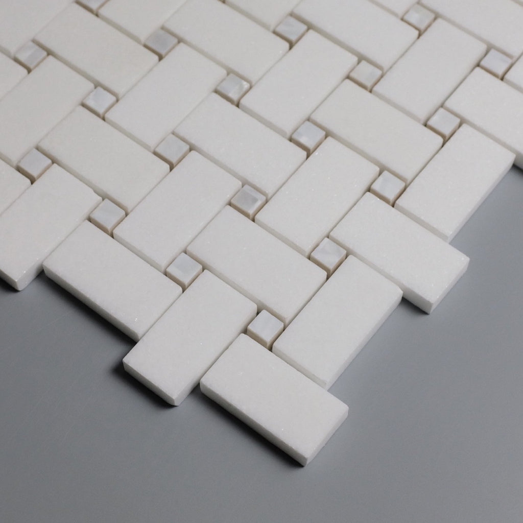 Pearl Weave - Basketweave Mosaic Tile in White Thassos Marble and Mother Of Pearl | TileBuys