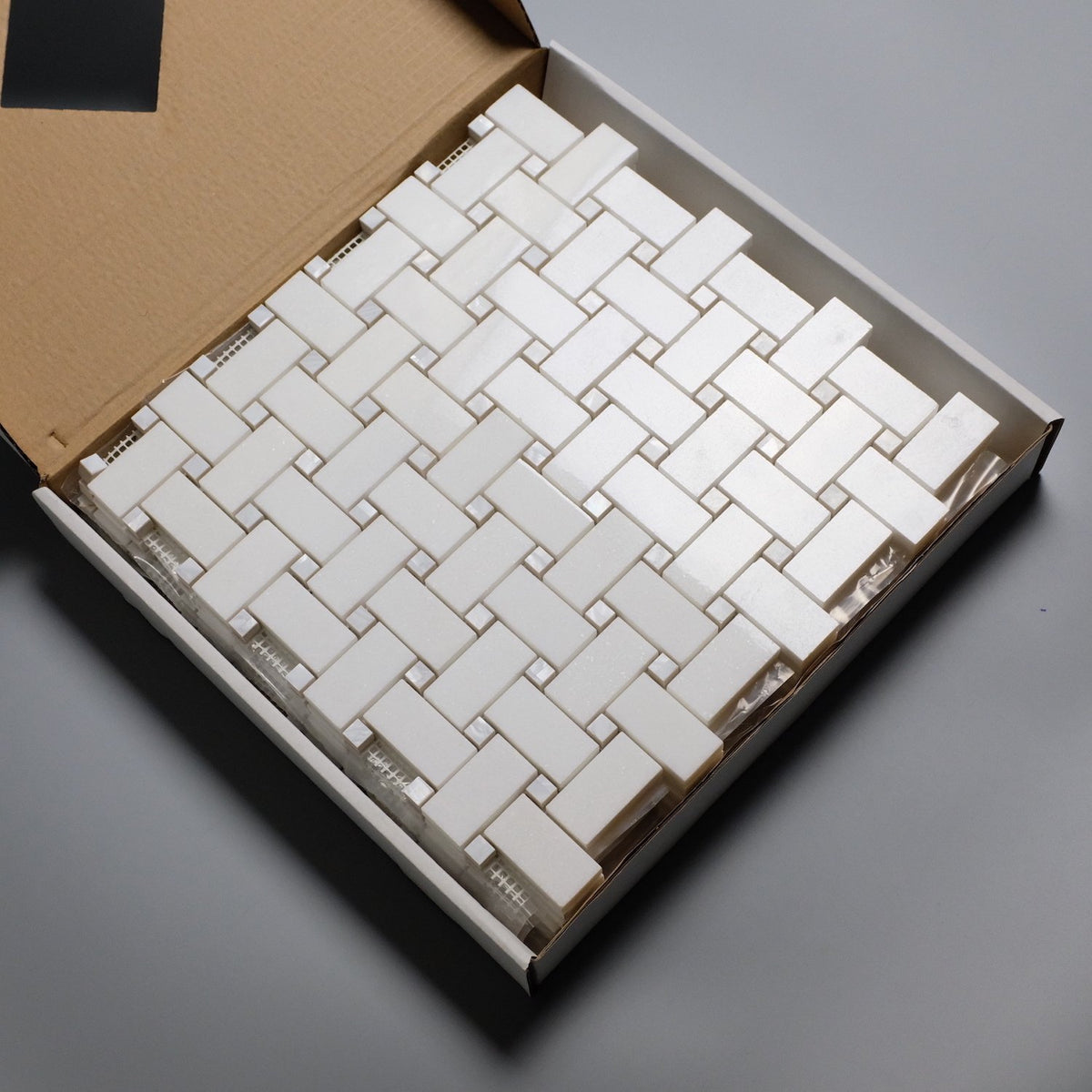 Pearl Weave - Basketweave Mosaic Tile in White Thassos Marble and Mother Of Pearl | TileBuys