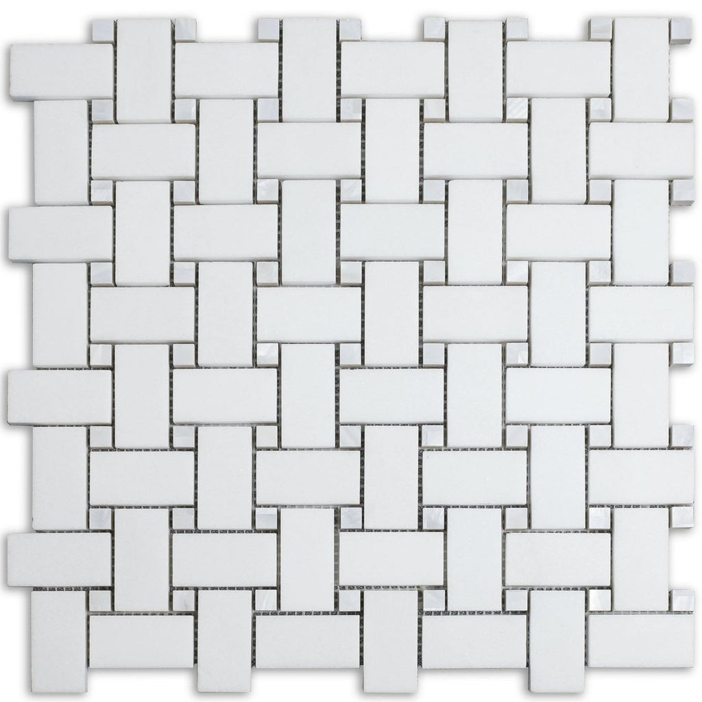 Pearl Weave - Basketweave Mosaic Tile in White Thassos Marble and Mother Of Pearl | TileBuys