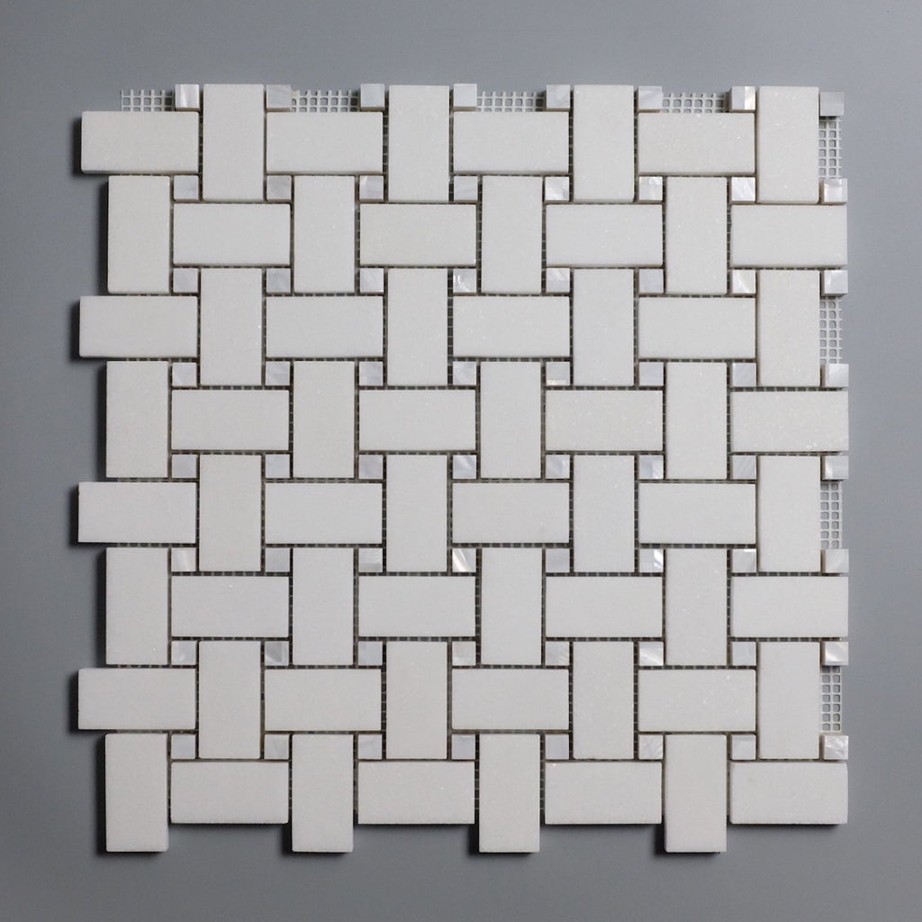 Pearl Weave - Basketweave Mosaic Tile in White Thassos Marble and Mother Of Pearl | TileBuys