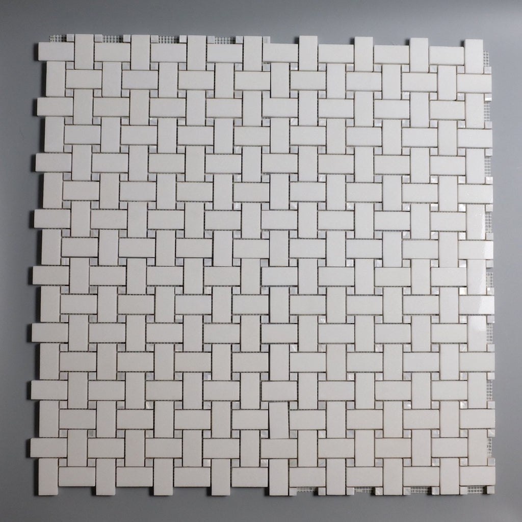 Pearl Weave - Basketweave Mosaic Tile in White Thassos Marble and Mother Of Pearl | TileBuys