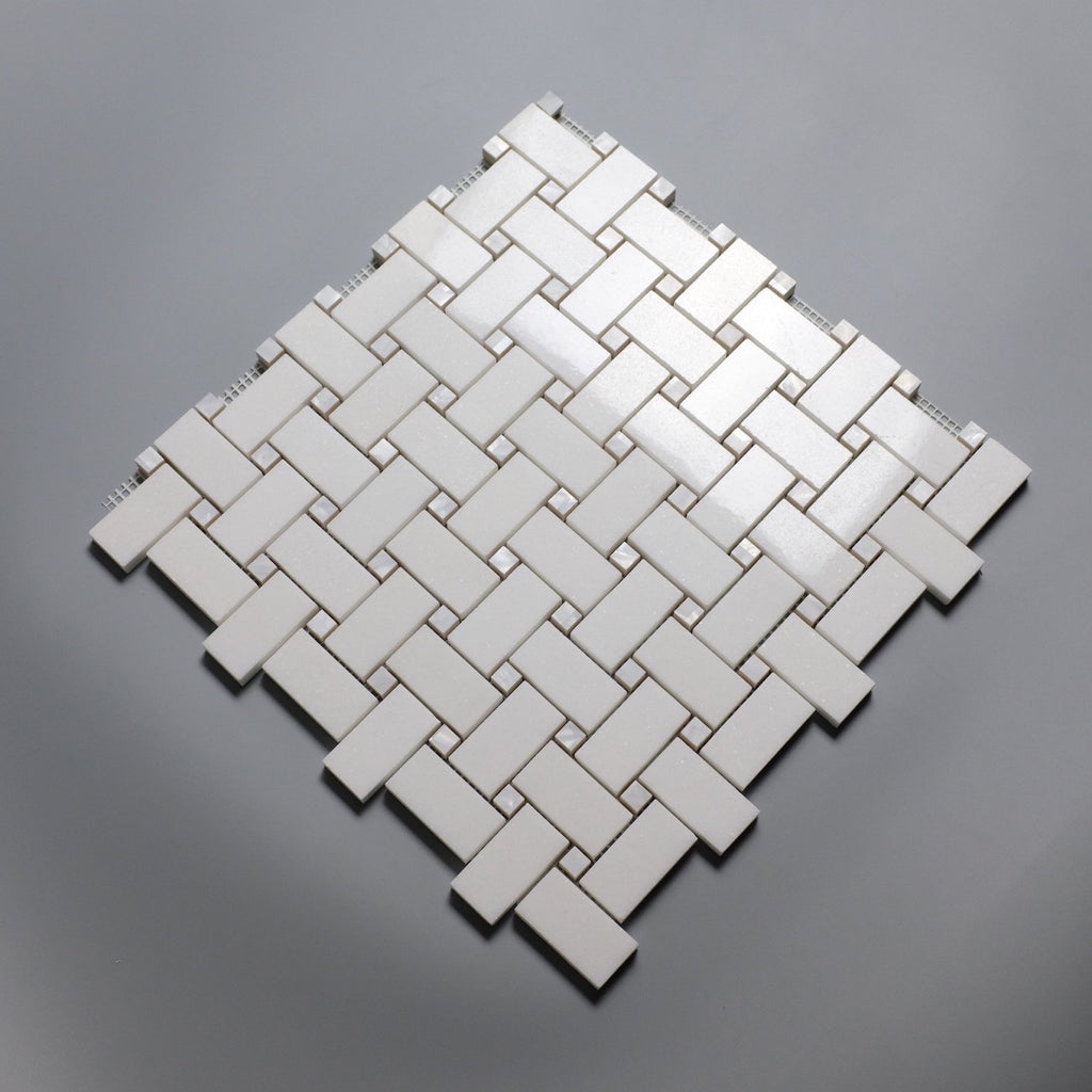 Pearl Weave - Basketweave Mosaic Tile in White Thassos Marble and Mother Of Pearl | TileBuys