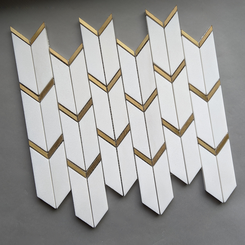 Dolomite White and Gold Arrow Art Deco Tile Backsplash | TileBuys