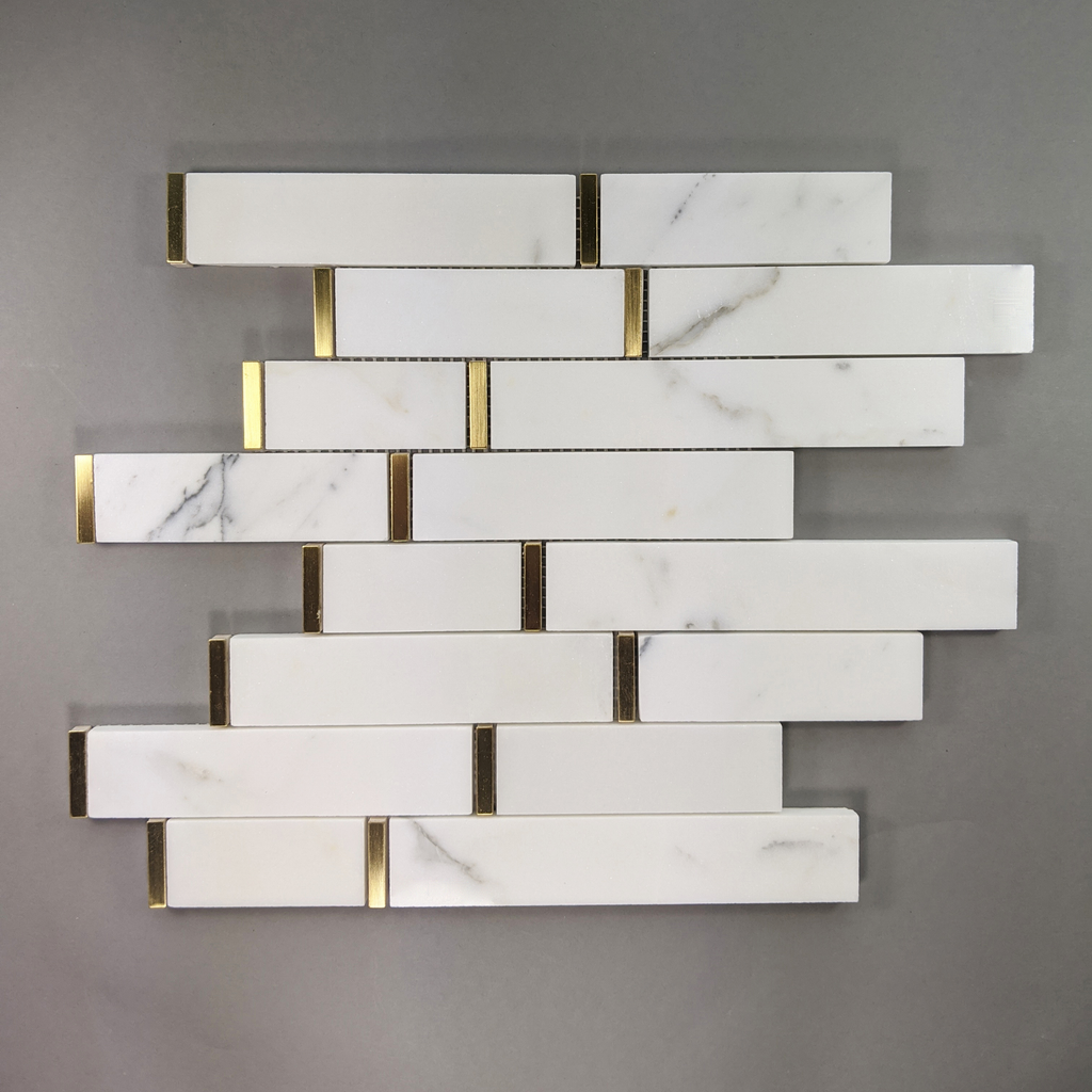 Calacatta Marble Skinny Tile Backsplash with Gold Accent | TileBuys