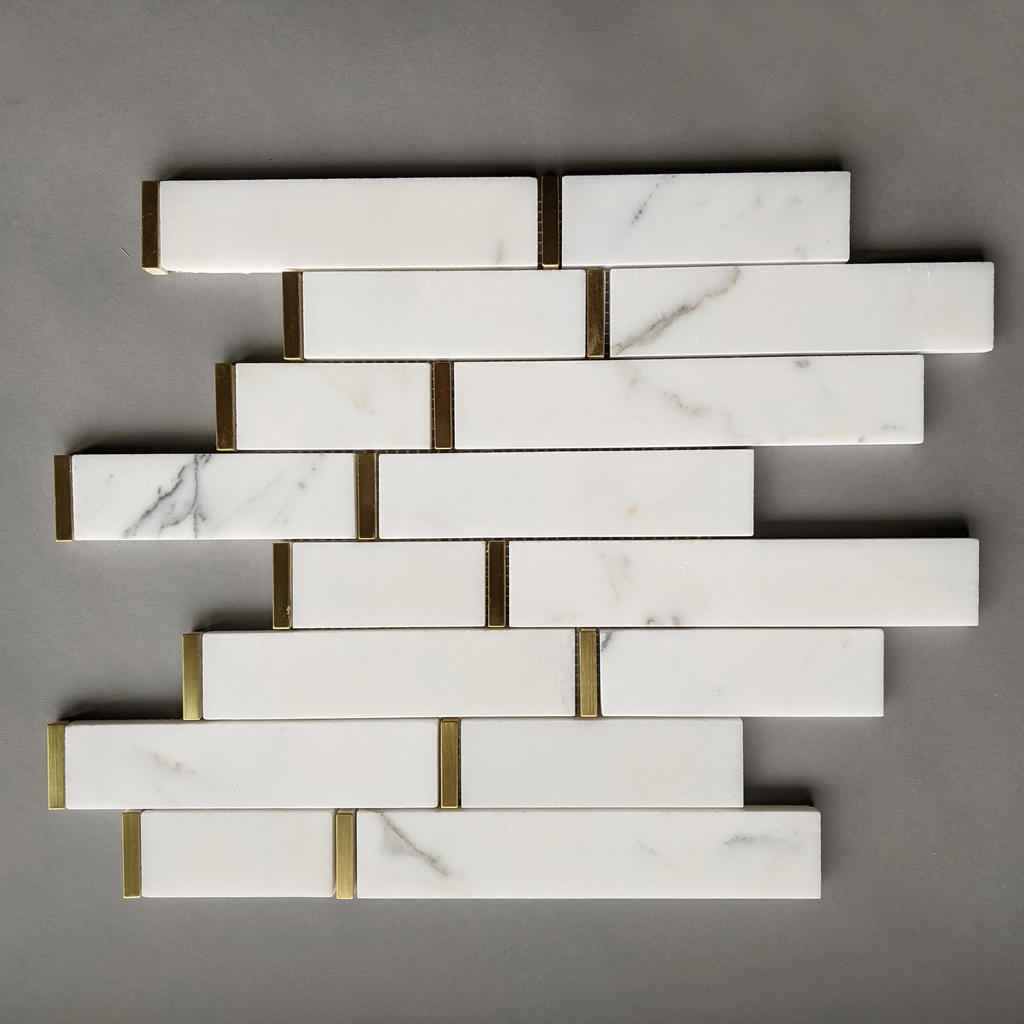 Calacatta Marble Skinny Tile Backsplash with Gold Accent | TileBuys