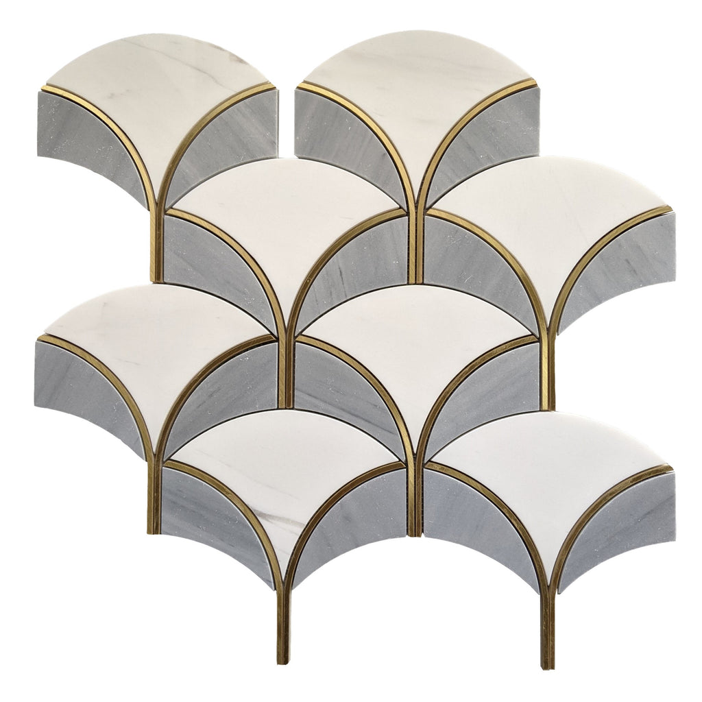 White and Gray Marble Scallop Tile Backsplash with Gold Accents | TileBuys