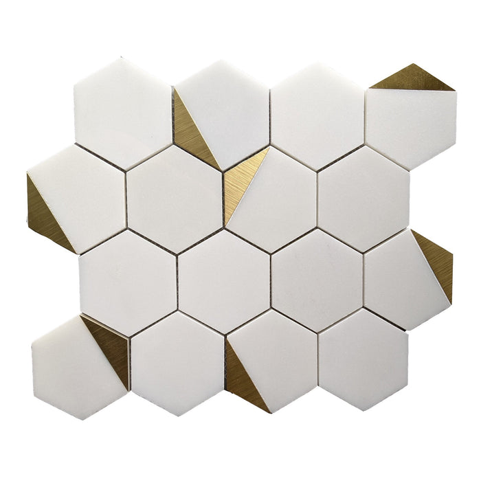 Royal White Marble Hexagon Tile with Gold Trim | TileBuys
